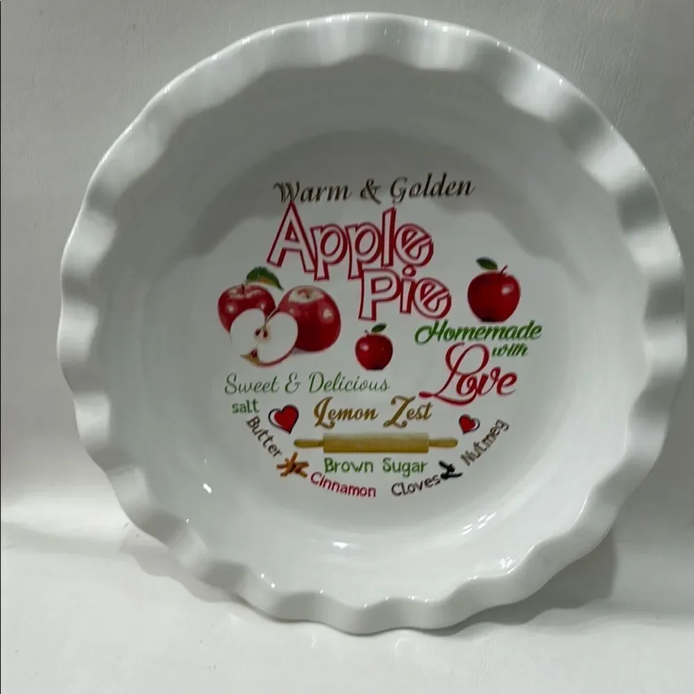 Apple Pie Ceramic Recipe Baking Dish 10 In Round 1 1/2 In Tall Homemade Love